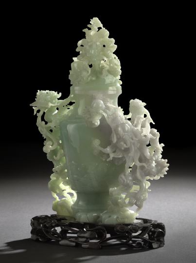 Appraisal: Chinese Multi-Colored Jade Dragon Vase carved from Burmese jadeite as