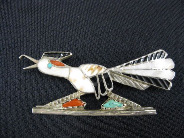 Appraisal: Indian Figural Roadrunner Sterling Brooch set with coral turquoise piney