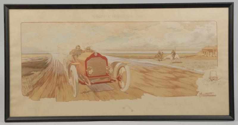 Appraisal: Framed French Montaut Automobile Scene Print Description Marked Mouscou-St Petersbourg-