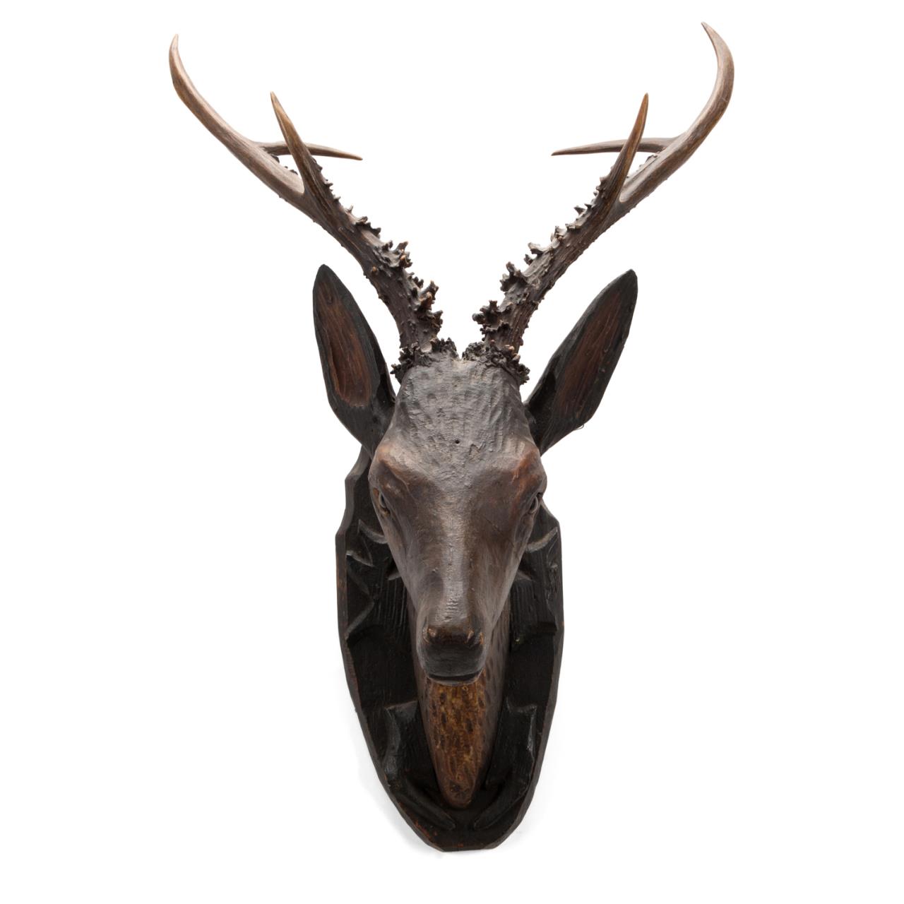 Appraisal: CARVED BLACK FOREST WOODEN DEER HEAD TROPHY Swiss or German