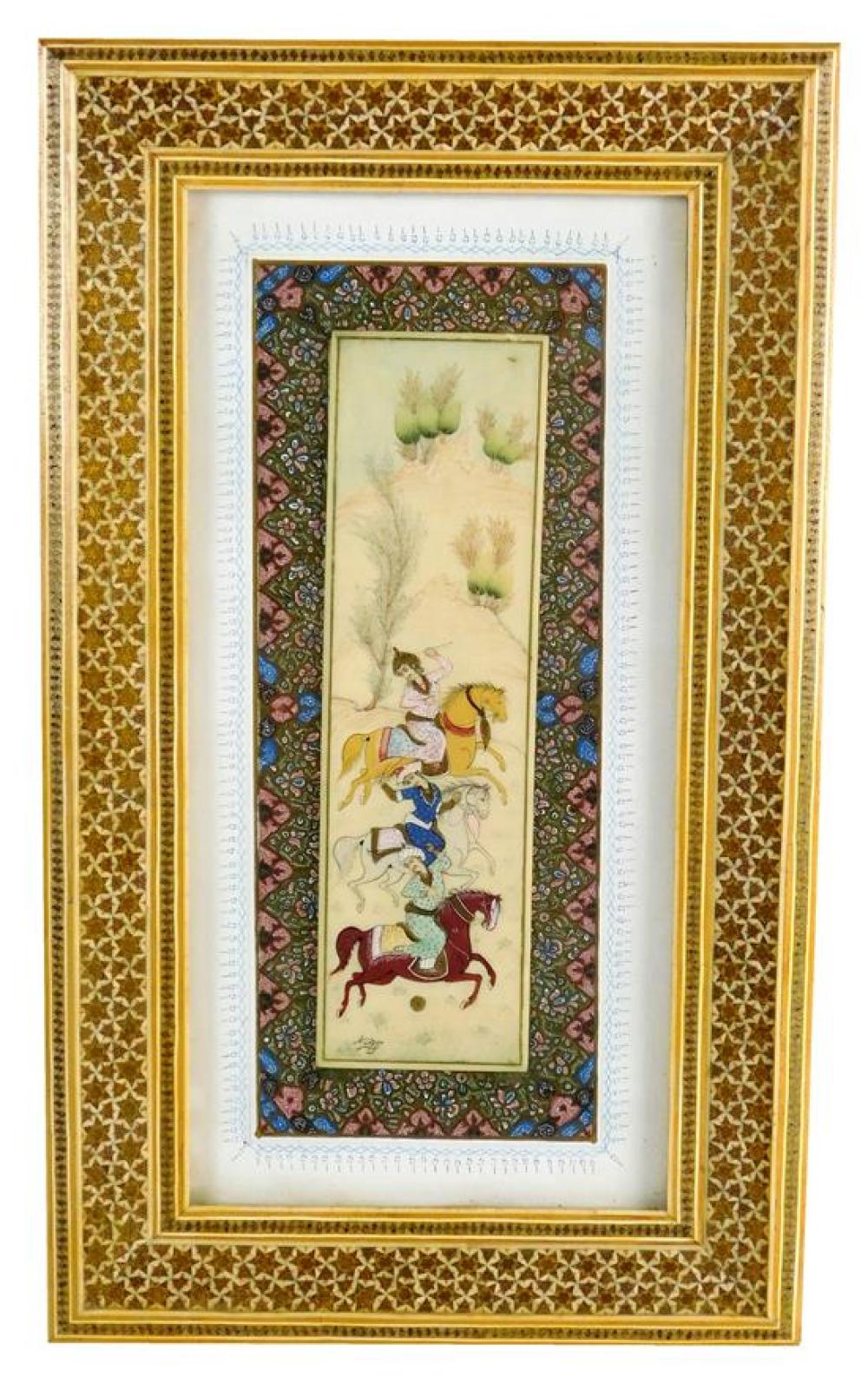 Appraisal: Persian miniature painting on ivory or ivory-like support three horsemen