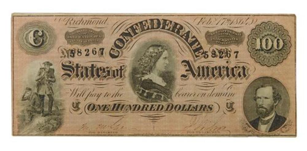 Appraisal: Confederate note seventh series type- good light staining in areas