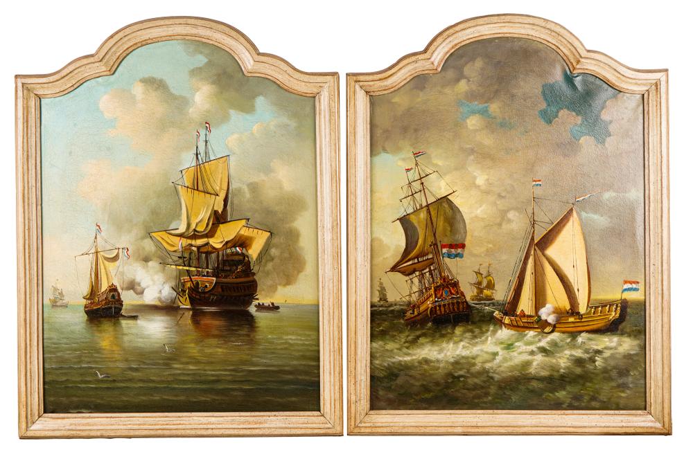 Appraisal: PAIR OF BATTLE SHIP PAINTINGSoil on canvas appear unsigned Condition