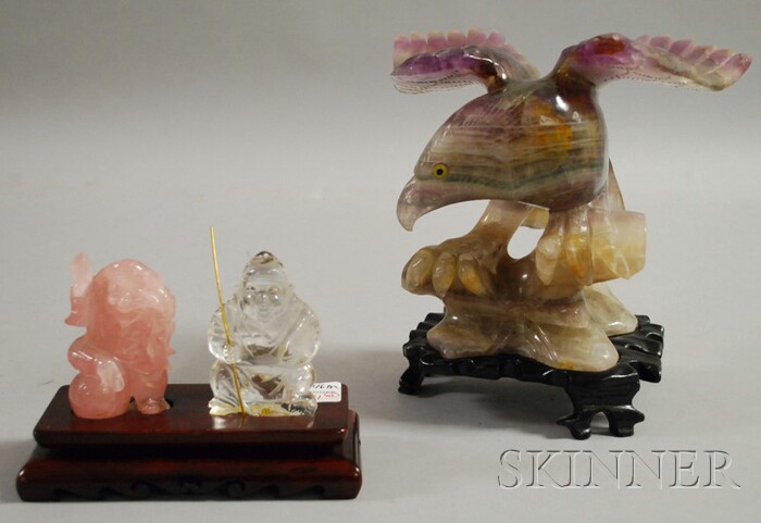 Appraisal: Three Chinese Hardstone Carvings an amethyst carving of an eagle