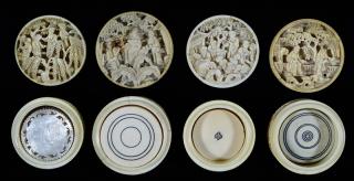 Appraisal: Four Highly Carved Ivory Whist Counter Boxes Circa Including one