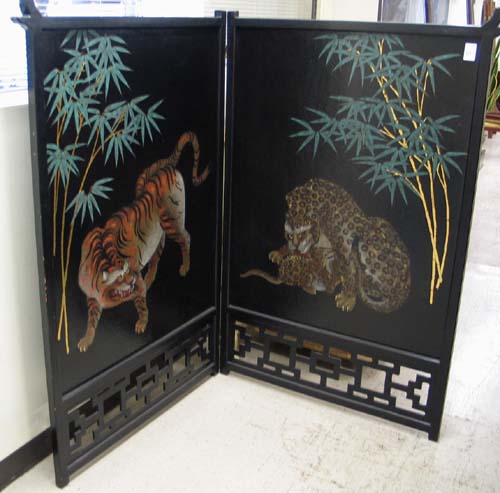 Appraisal: CHINESE TWO-PANEL FLOOR SCREEN of wood construction with ebonized finish