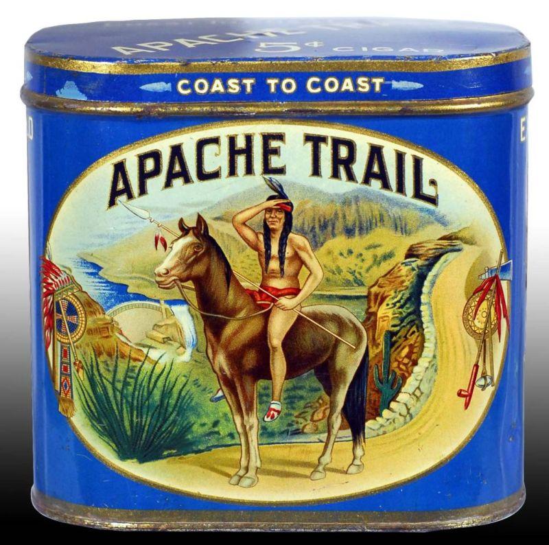 Appraisal: Apache Trail Oval Cigar Tin Description Marked Liberty Can Co