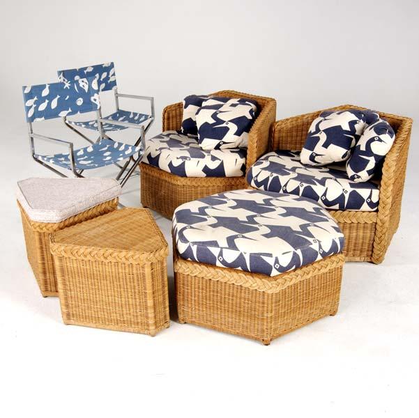 Appraisal: MODERN Wicker set with cushions upholstered in blue and white