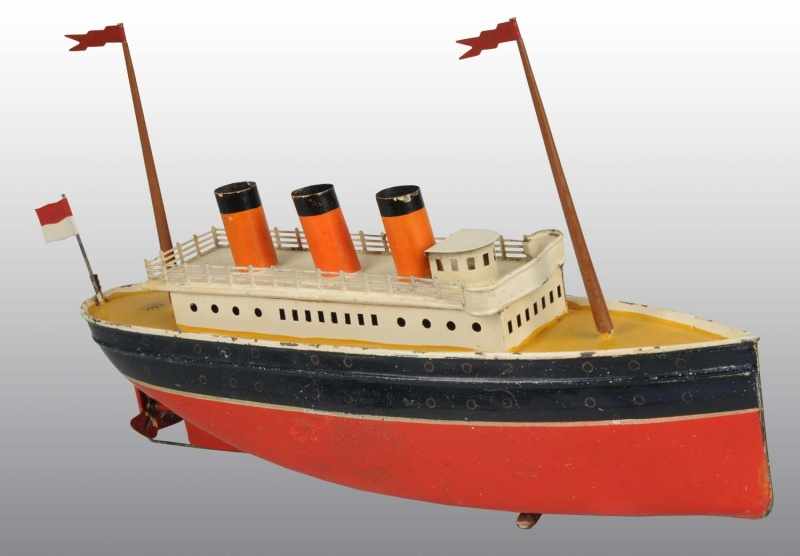 Appraisal: Tin Bing Ocean Liner Boat Clockwork Toy Description German Working