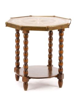 Appraisal: Oak Side Table w Octagonal Brass Engraved Top Continental possibly