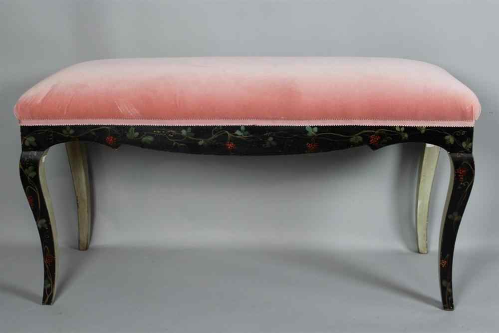 Appraisal: ENGLISH STYLE G BIANCO POLYCHROME EBONIZED BENCH Having pink velvet