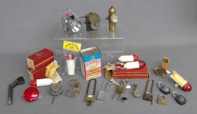 Appraisal: Misc lot of bicycle accessories including brass FM lamp part