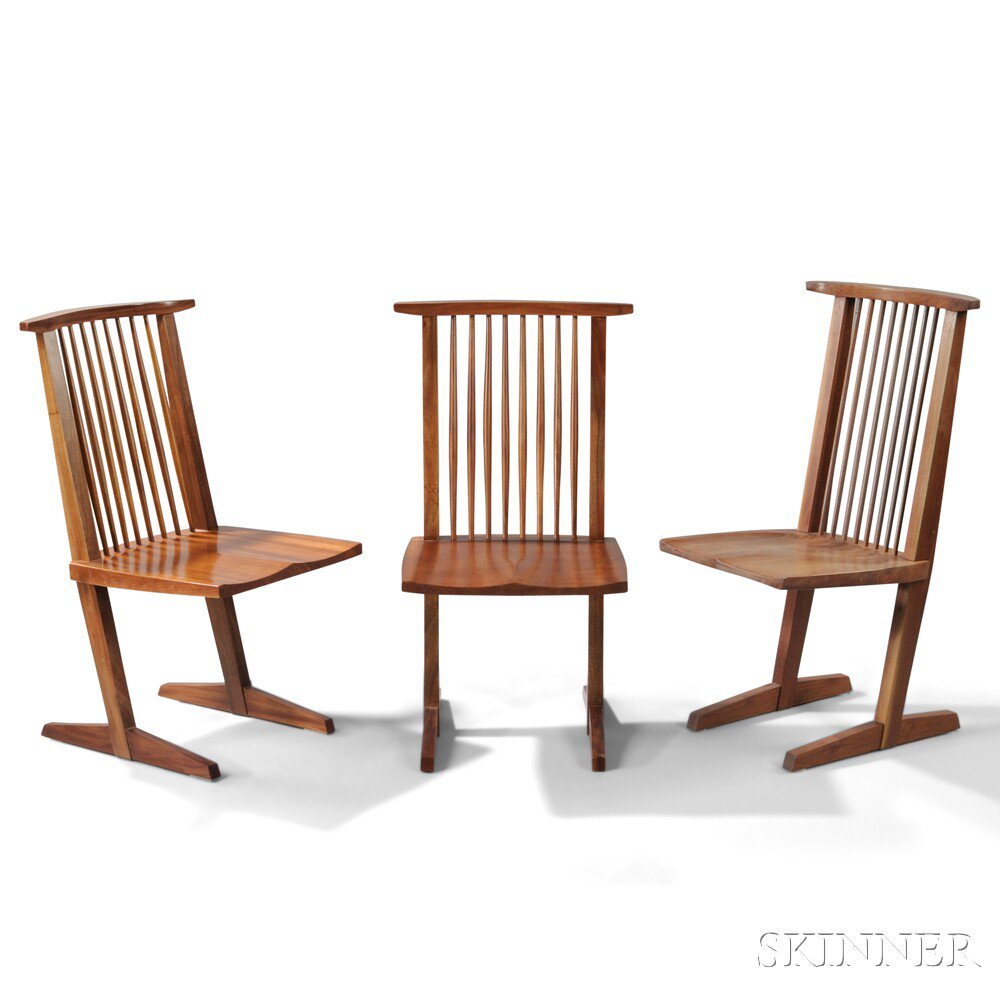 Appraisal: Three Conoid-style Dining Chairs After George Nakashima Mahogany walnut United