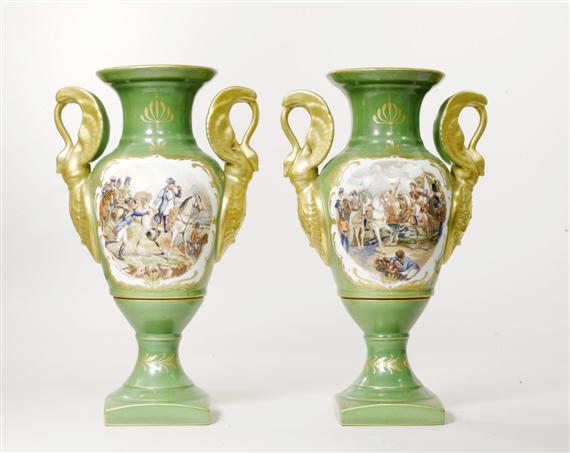 Appraisal: PAIR OF DECORATIVE 'NAPOLEON' VASES TH CENTURY With swan handles