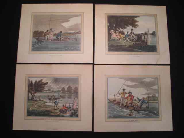 Appraisal: Four antique fishing humor original aquatints Rare original hand colour