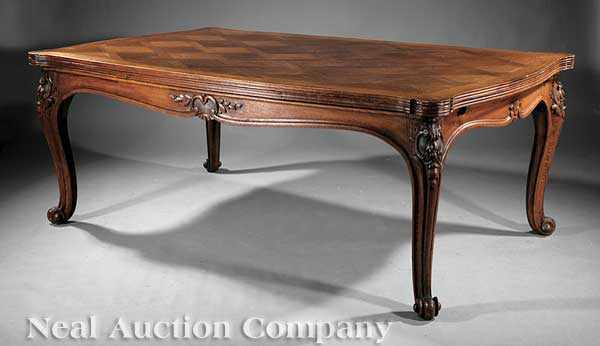 Appraisal: An Antique Louis XV-Style Oak Draw-Leaf Dining Table shaped parquetry