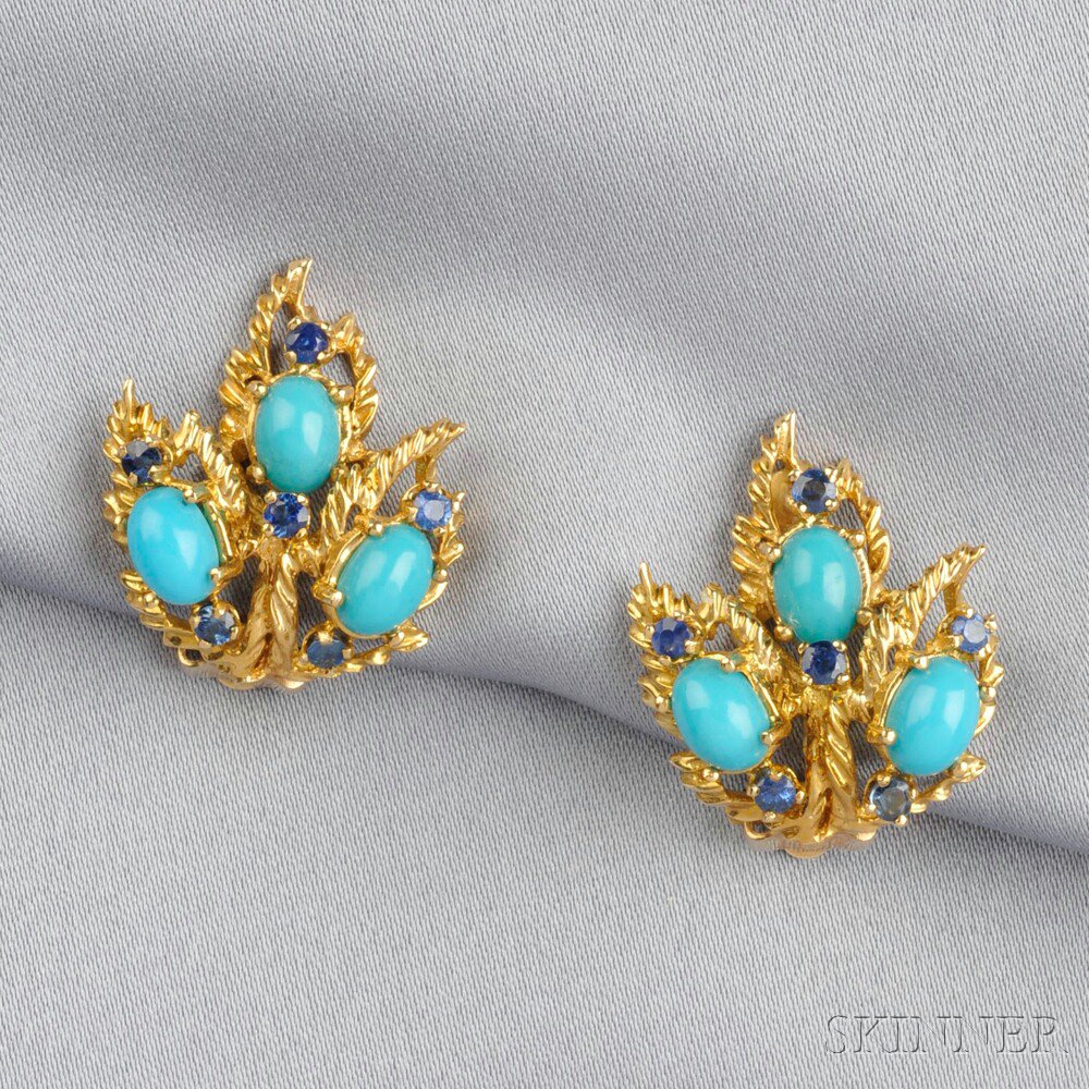 Appraisal: kt Gold Turquoise and Sapphire Earclips the turquoise cabochons and