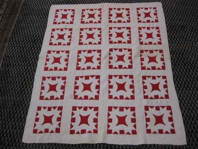 Appraisal: Antique Handmade Quilt square triangle geometric red on white ''