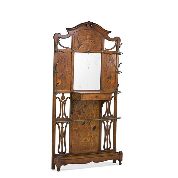 Appraisal: FRENCH ART NOUVEAU HALL STAND Oak with floral marquetry and