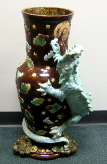 Appraisal: CONTINENTAL MAJOLICA DRAGON URN Good floor baluster vase with applied