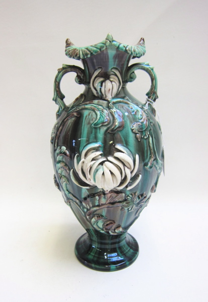 Appraisal: FRENCH MAJOLICA VASE in the Chinese manner raised white spider