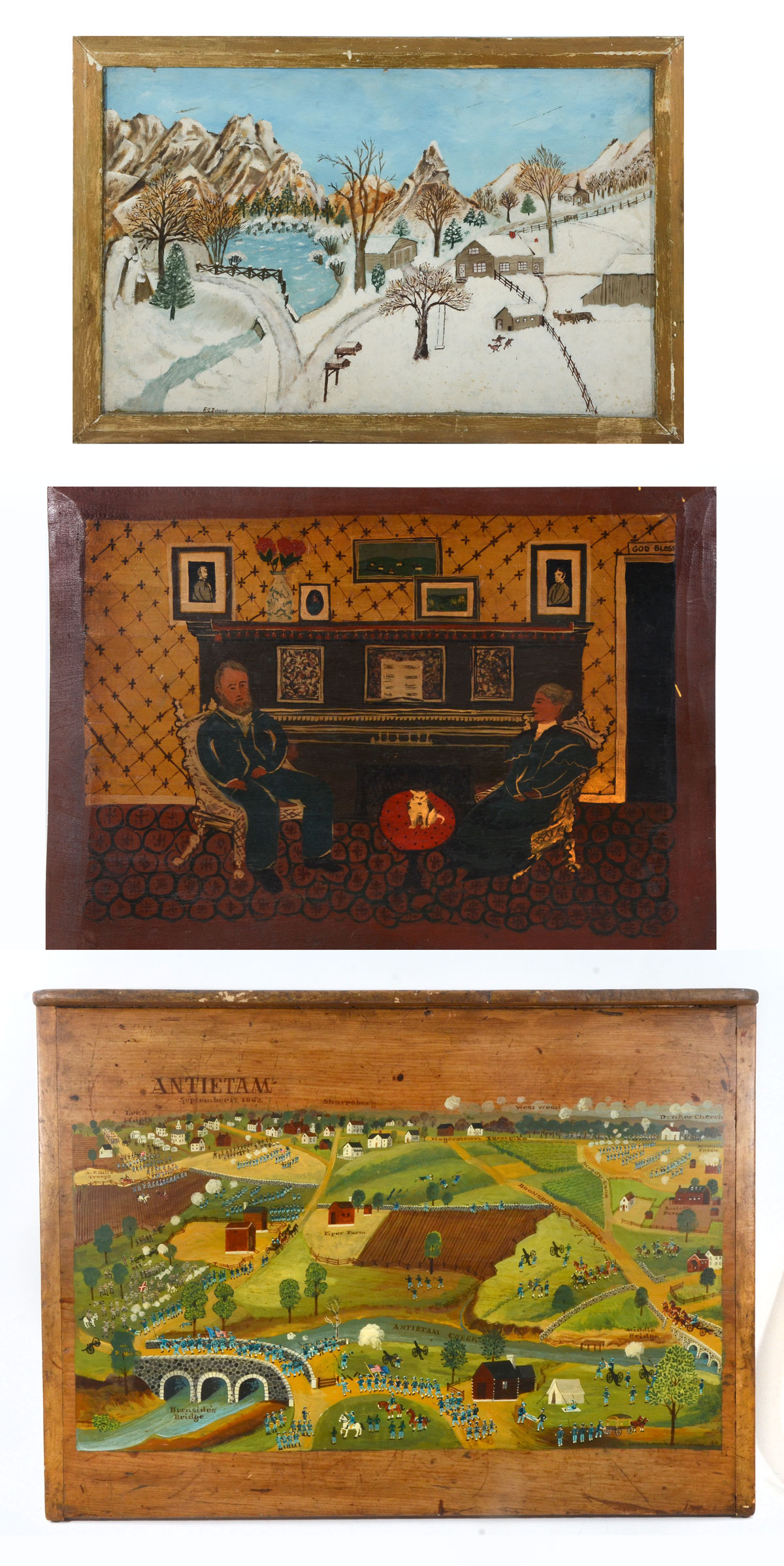 Appraisal: NAIVE FOLK-ART PAINTINGS Two-Sided Oil Board by E S Johnson