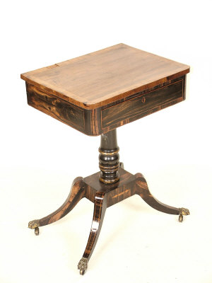 Appraisal: A Regency calamander work table circa the rounded crossbanded top