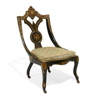 Appraisal: A VICTORIAN PAPIER MACHE AND MOTHER-OF-PEARL INLAID SLIPPER CHAIR Mid-