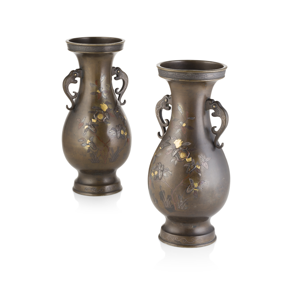 Appraisal: PAIR OF MIXED-METAL INLAID BRONZE VASES MEIJI PERIOD inlaid in