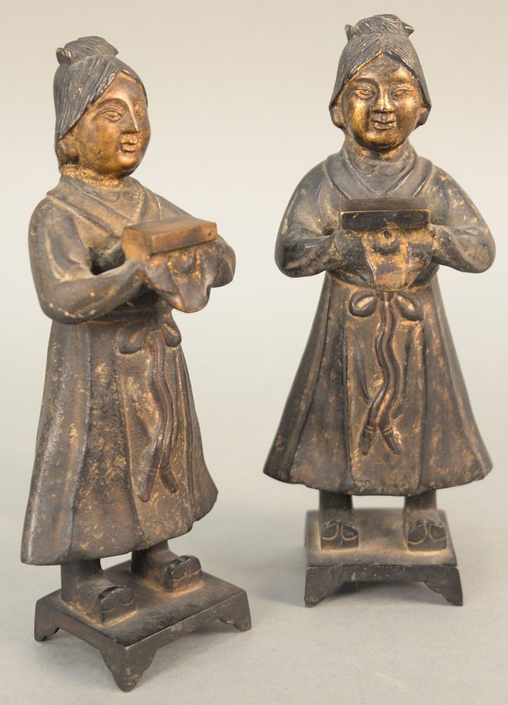 Appraisal: Pair of bronze Chinese figures standing on square base ht