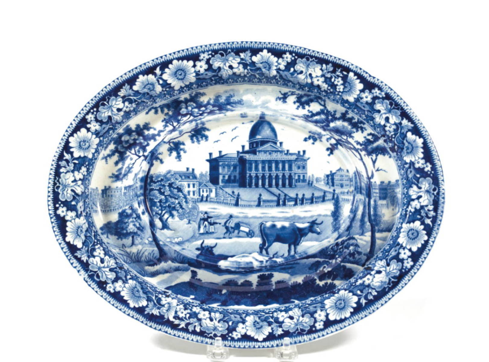 Appraisal: quot BOSTON STATE HOUSE quot STAFFORDSHIRE DARK BLUE TRANSFER-PRINTED TUREEN