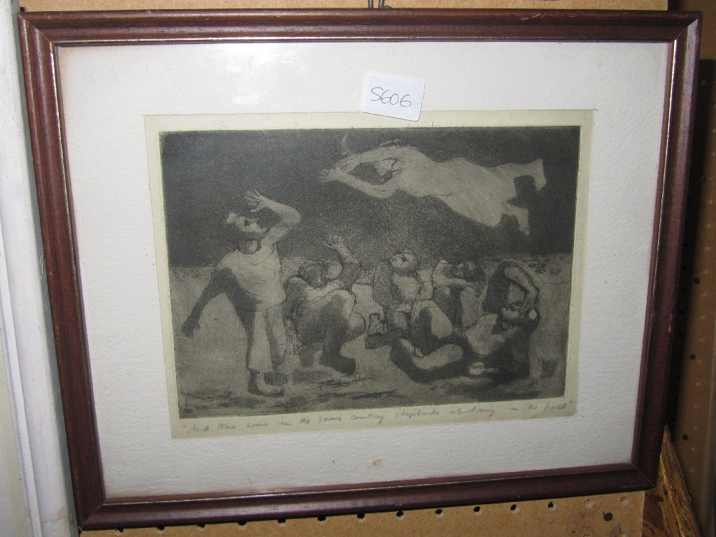 Appraisal: JOHN BERGER Etching aquatint 'Christmas Etching' inscribed 'And There Were