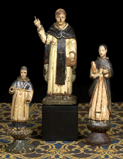 Appraisal: Three Spanish Colonial Carved and Polychromed Wood Figures of Santo