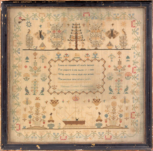 Appraisal: English silk on linen sampler ca wrought by Susannah Coulsell