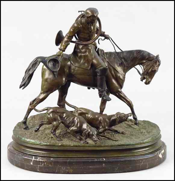 Appraisal: PATINATED BRONZE HUNT SCENE Depicting a man on horseback with