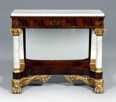 Appraisal: New York classical pier table figured and stenciled mahogany veneers