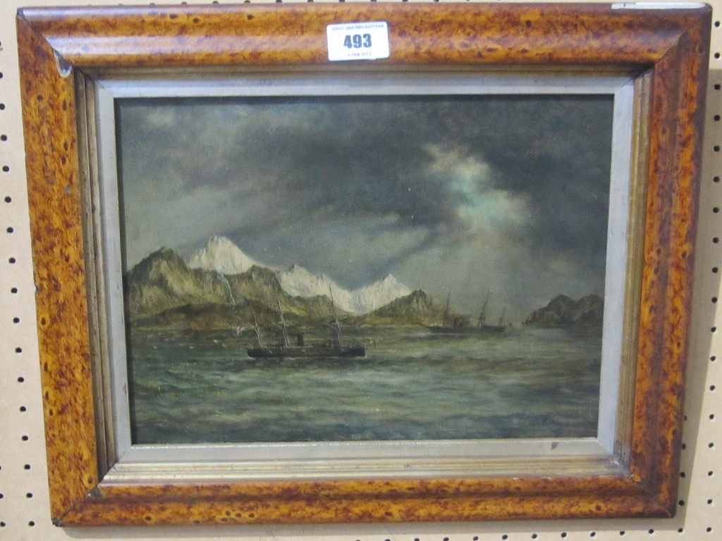 Appraisal: Oil on board of ships off a rocky coast initialled