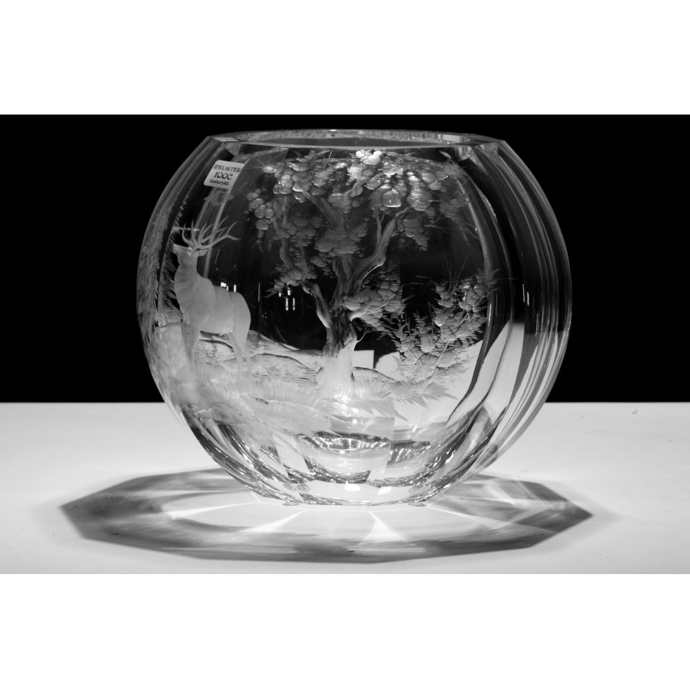 Appraisal: MOSER ETCHED ELK GLASS BOWLFaceted crystal vase having an etched