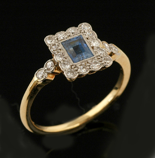 Appraisal: An Art Deco sapphire and diamond plaque ring The square