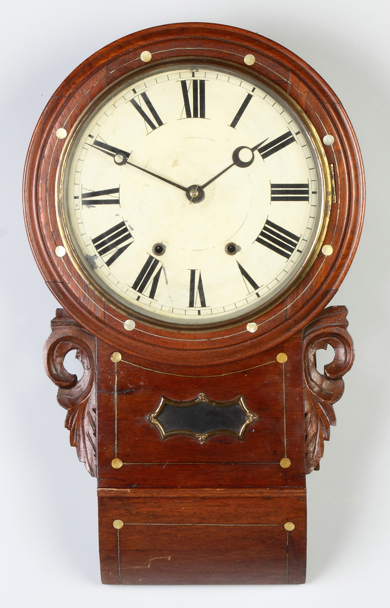 Appraisal: English Carved Inlaid Walnut Gallery Clock Original painted metal dial