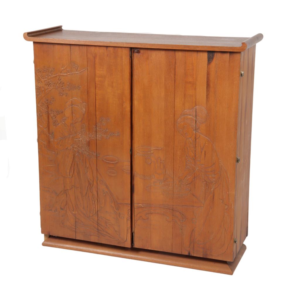 Appraisal: MODERN ASIAN EXPORT TEA CEREMONY SCENIC TEAK CABINET WITH JAPANESE