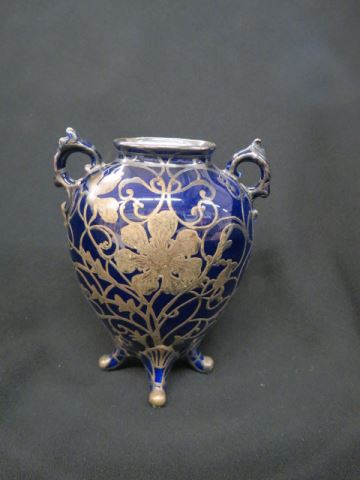 Appraisal: Silver Overlay Porcelain Footed Vase flowering vine on cobalt excellent