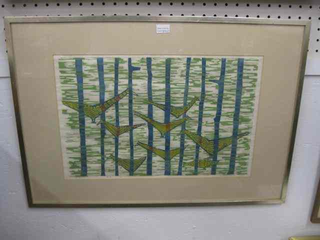 Appraisal: Bengt Lindstrom Woodblock ''Birds'' of pencil signed image area approximately