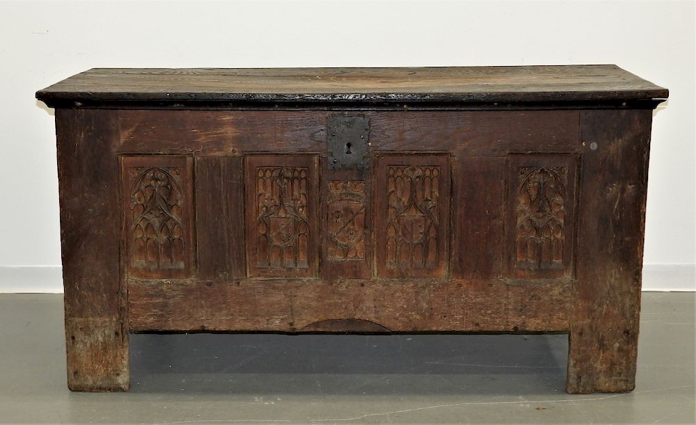 Appraisal: C European Carved Oak Coffer Chest Europe th Century Three