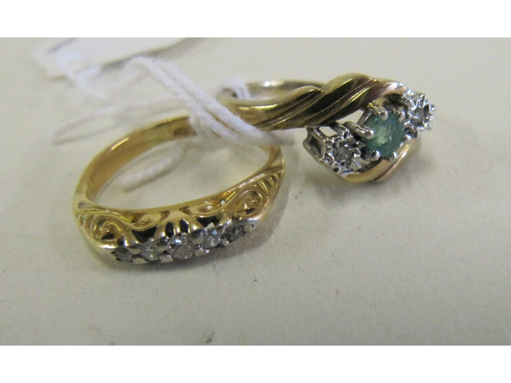 Appraisal: Lot comprising ct gold emerald and diamond three stone twist