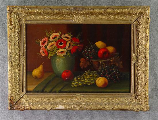 Appraisal: Oil on Board Table Still Life Grapes and compote of