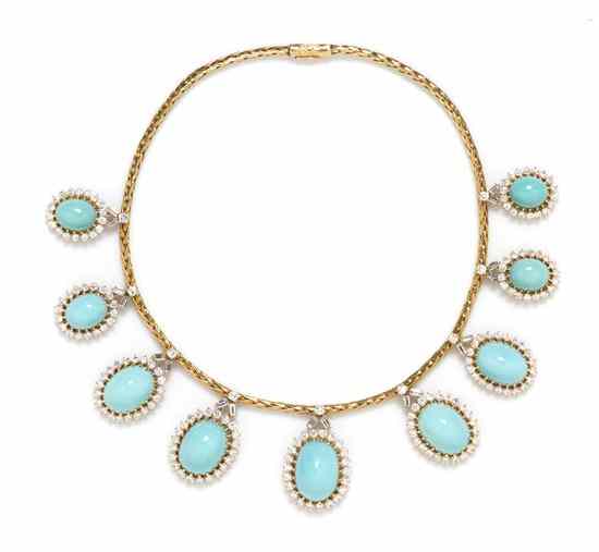 Appraisal: An Karat Yellow Gold Turquoise and Diamond Necklace Marchak containing