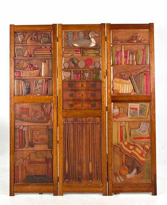 Appraisal: Carved and painted trompe l'oeil three-panel screen carved to simulate