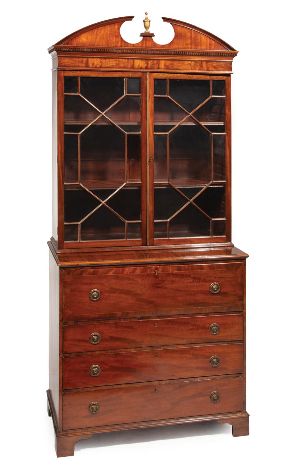 Appraisal: Antique Georgian-Style Inlaid Mahogany Secretary Bookcase arched cornice centered by