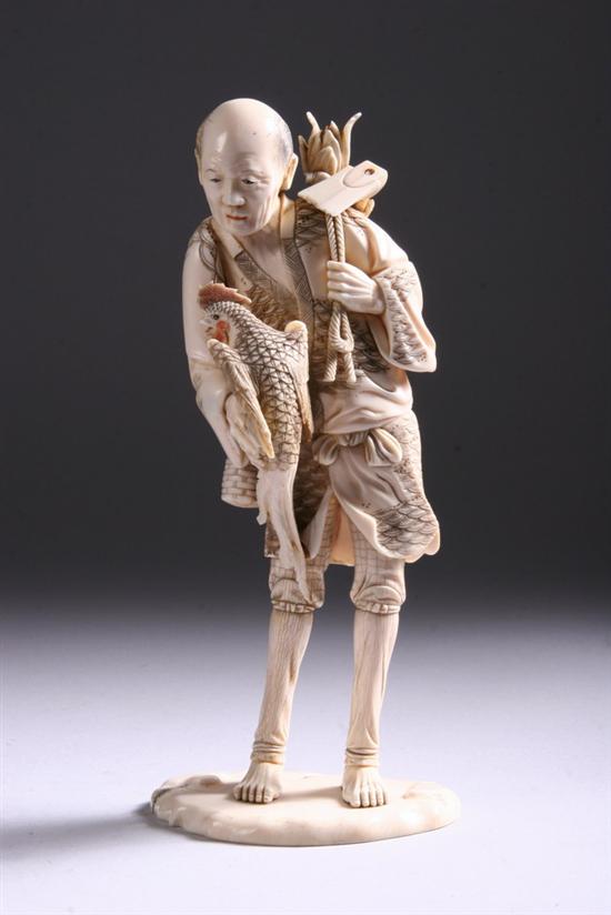 Appraisal: JAPANESE IVORY OKIMONO OF FARMER th century Carved holding rooster